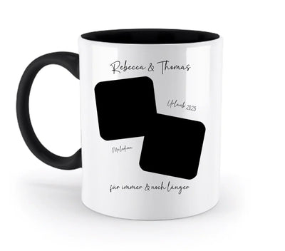 Weiße keramiktasse mit schwarzem griff und innenbereich mit zwei schwarzen rechteckigen fotoslots zum personalisieren