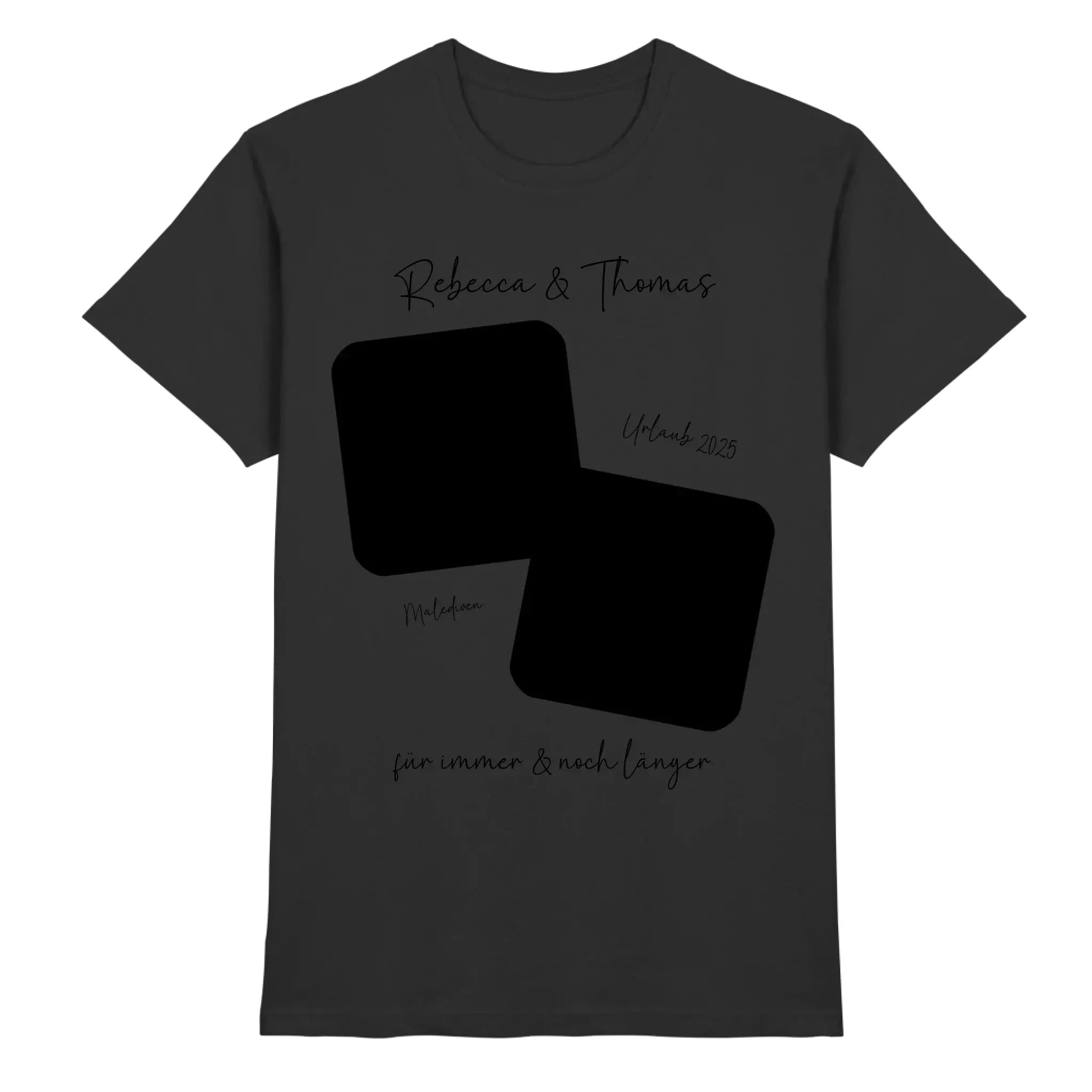 Dark gray cotton t-shirt with minimalist black Grafik of two overlapping photo placeholders and elegant cursive text aus der statement collection