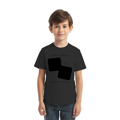 Schwarzes kurzarmshirt mit zwei überlappenden schwarzen quadraten und kursivem wunschtext aus der statement-collection