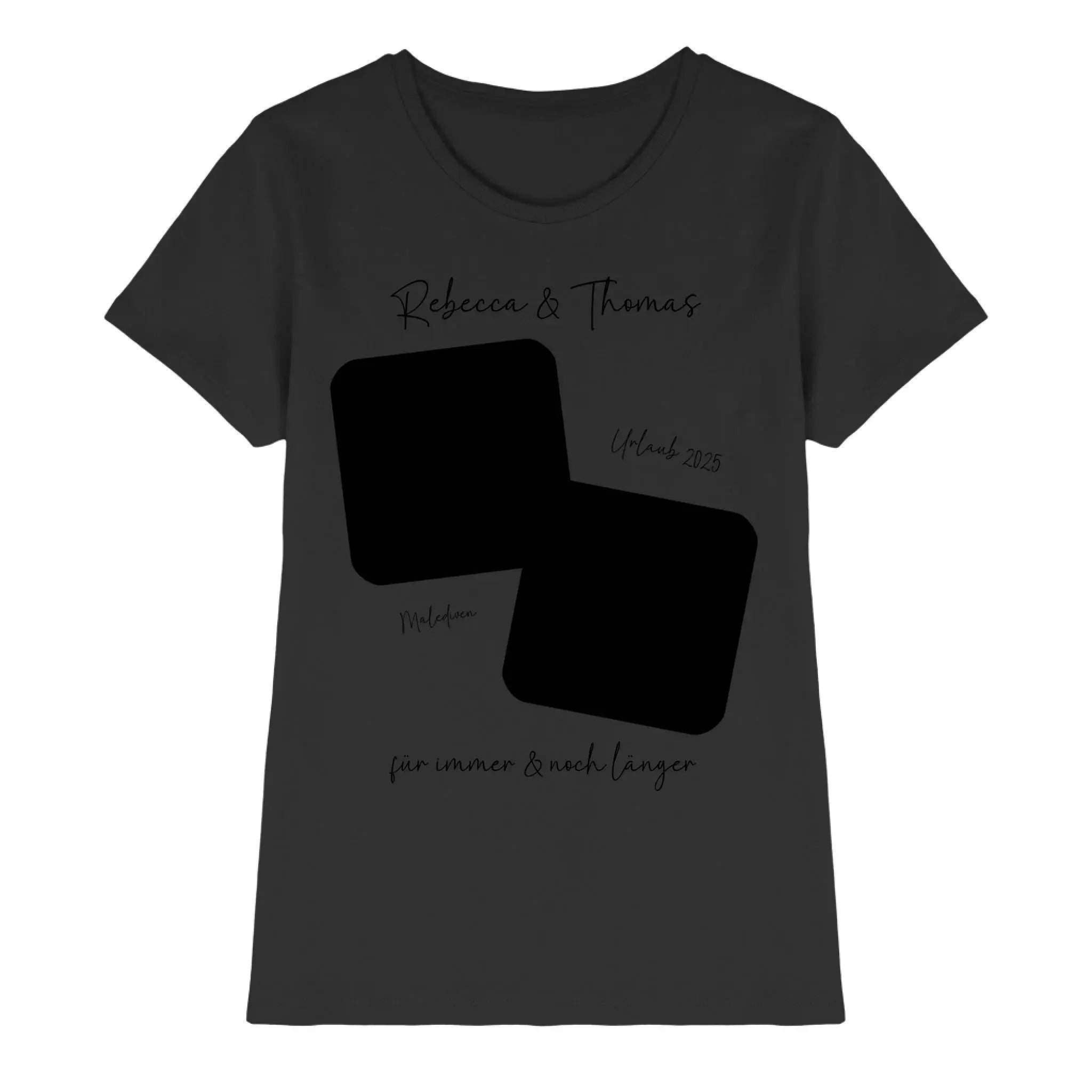 Schwarzes kurzarmshirt mit zwei überlappenden schwarzen rechtecken und kursivem text personalisierbares motiv