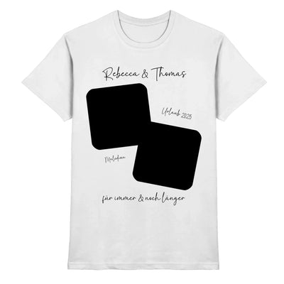 Weißes baumwoll-t-shirt mit schwarzem grafikdesign zwei überlappende rechtecke und personalisierter text rebecca und thomas urlaub 2025 maledan für immer und noch länger