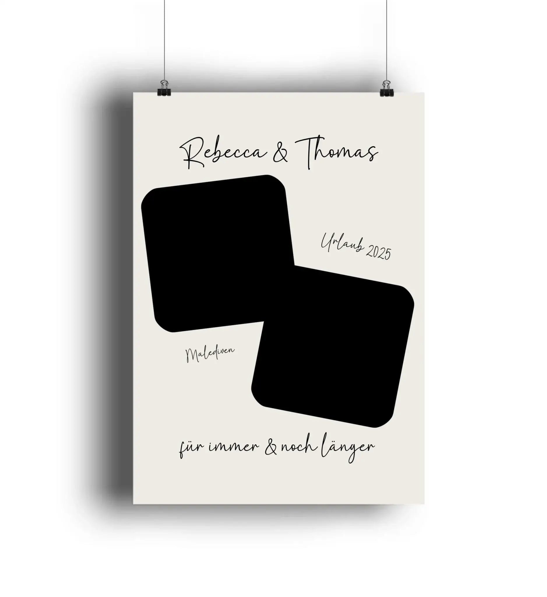 Minimalistisches cremefarbenes poster mit zwei schwarzen fotoausschnitten und eleganter kursiver schrift personalisierbar