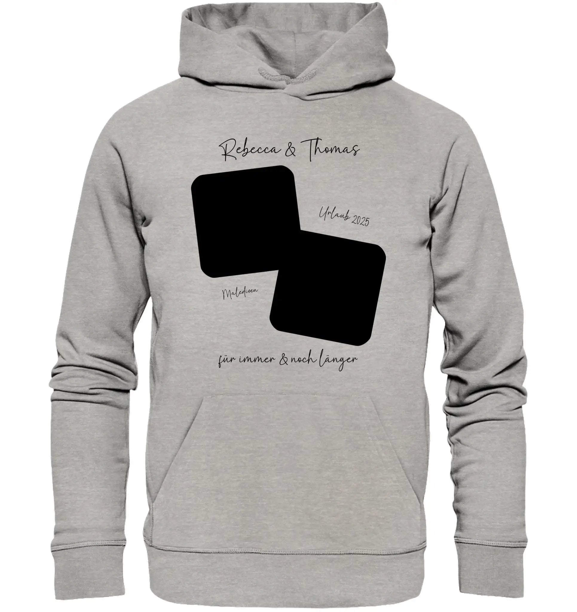 Heather graues kapuzensweatshirt mit schwarzem geometrischem design und personalisiertem wunschtext in eleganter schrift