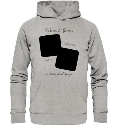 Heather graues kapuzensweatshirt mit schwarzem geometrischem design und personalisiertem wunschtext in eleganter schrift