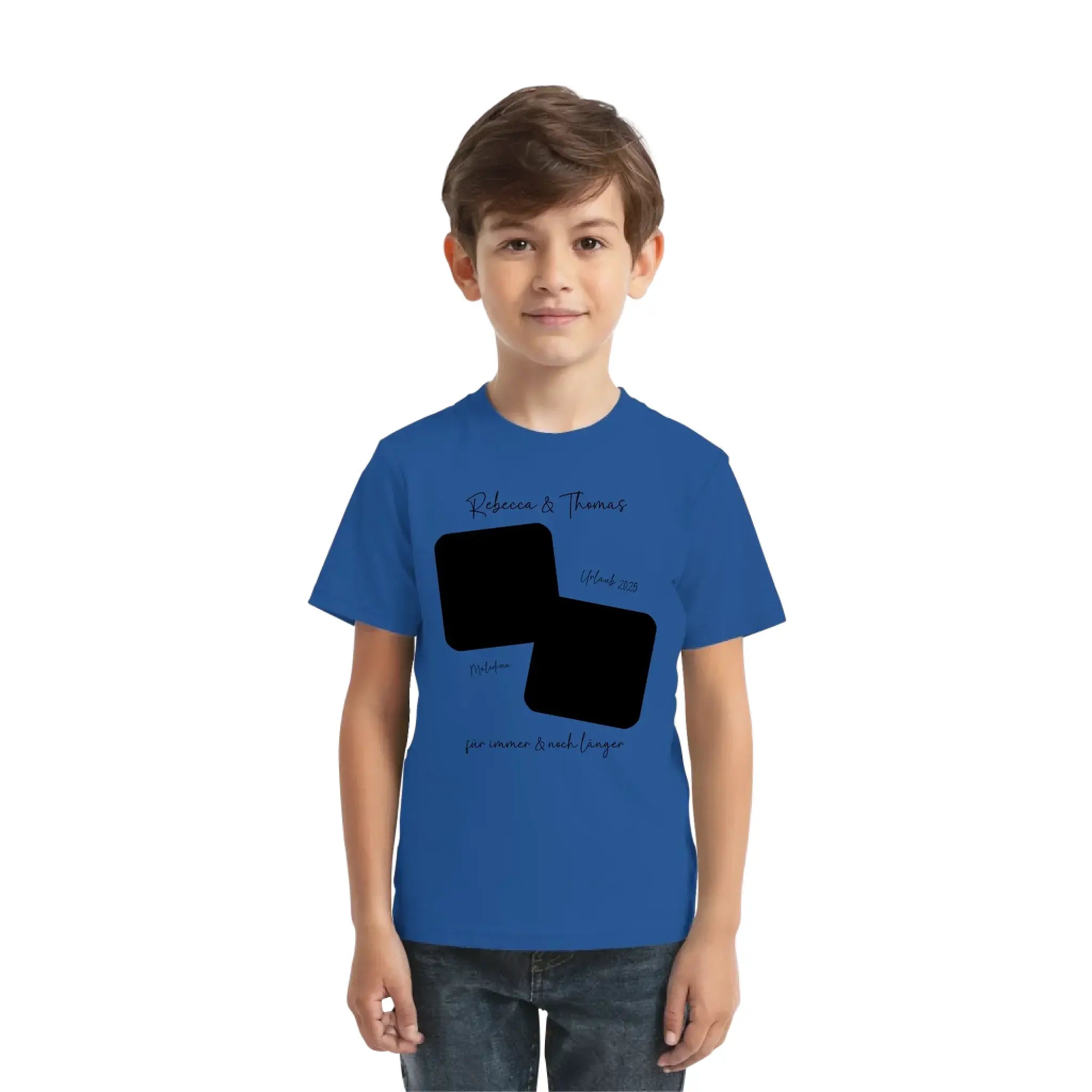 Blaues kurzarmshirt aus cotton mit zwei überlappenden quadraten und personalisierbarem wunschtext vor und hinten