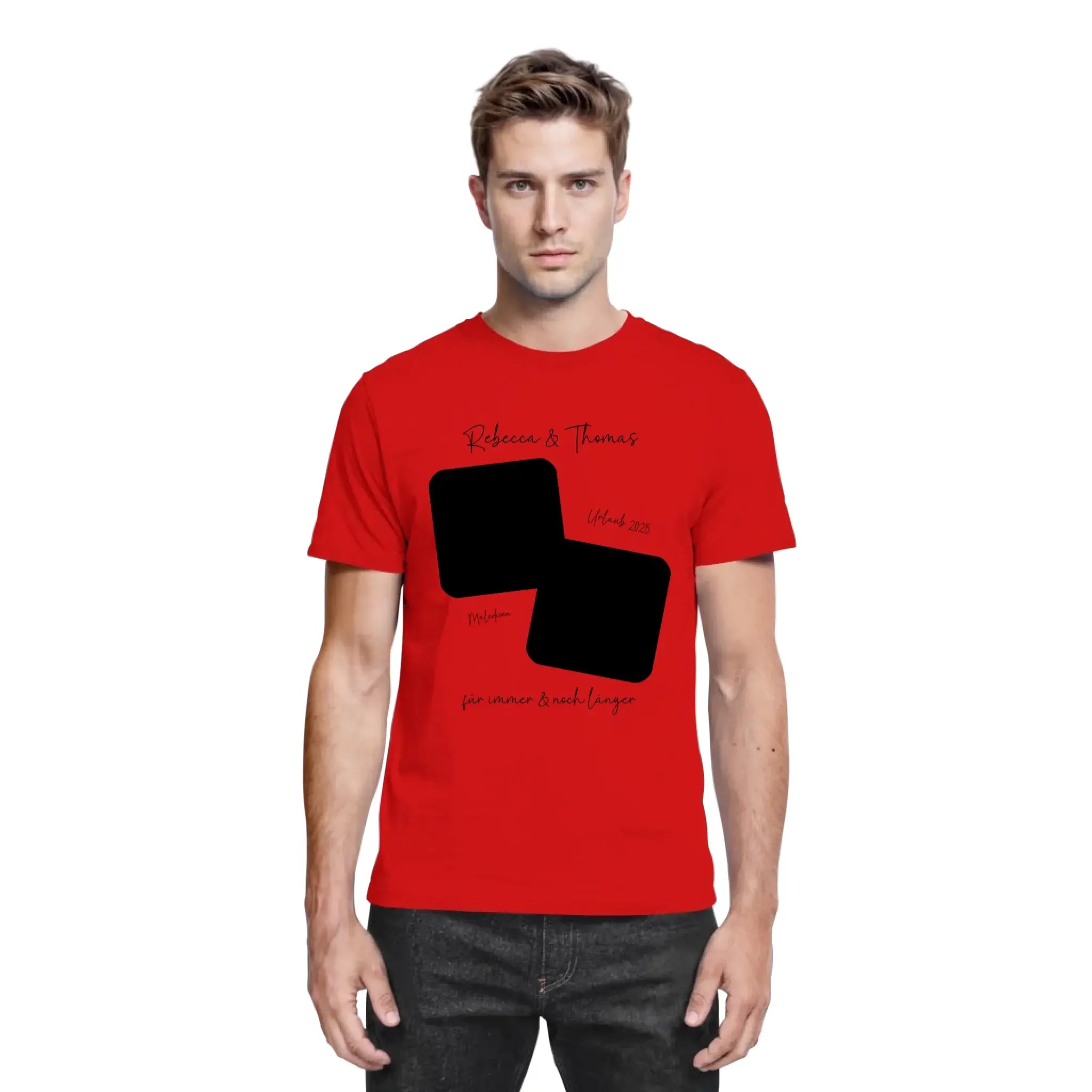 Rotes baumwollshirt mit schwarzem grafischem design aus zwei überlappenden quadraten und wunschtext personalisierbar