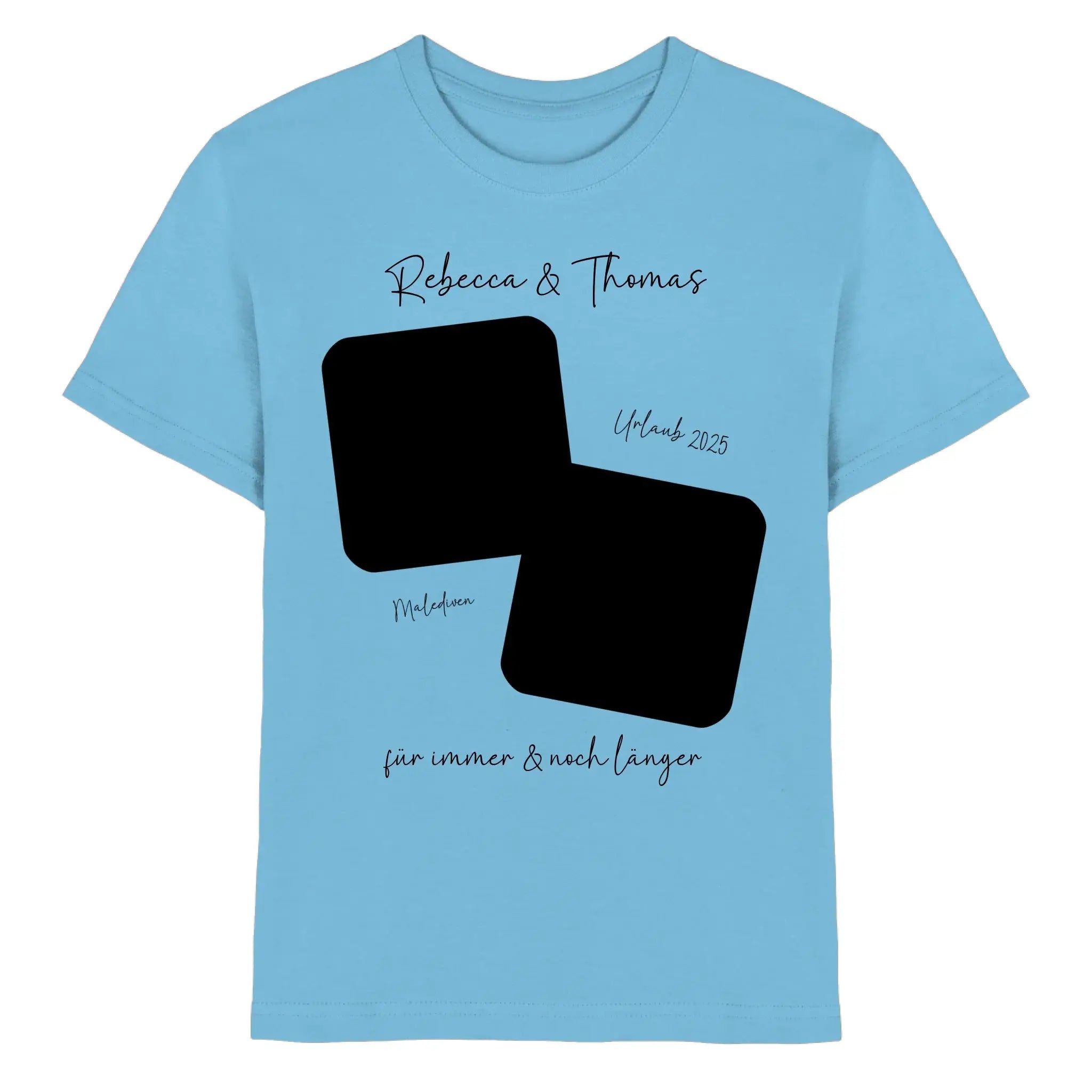Lightblaues baumwollshirt mit schwarzem design zwei überlappende rechtecke und wunschtext statement collection