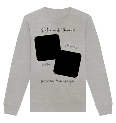Light grauer sweatshirt mit schwarzem grafikdesign und personalisierbarem text aus der statement collection