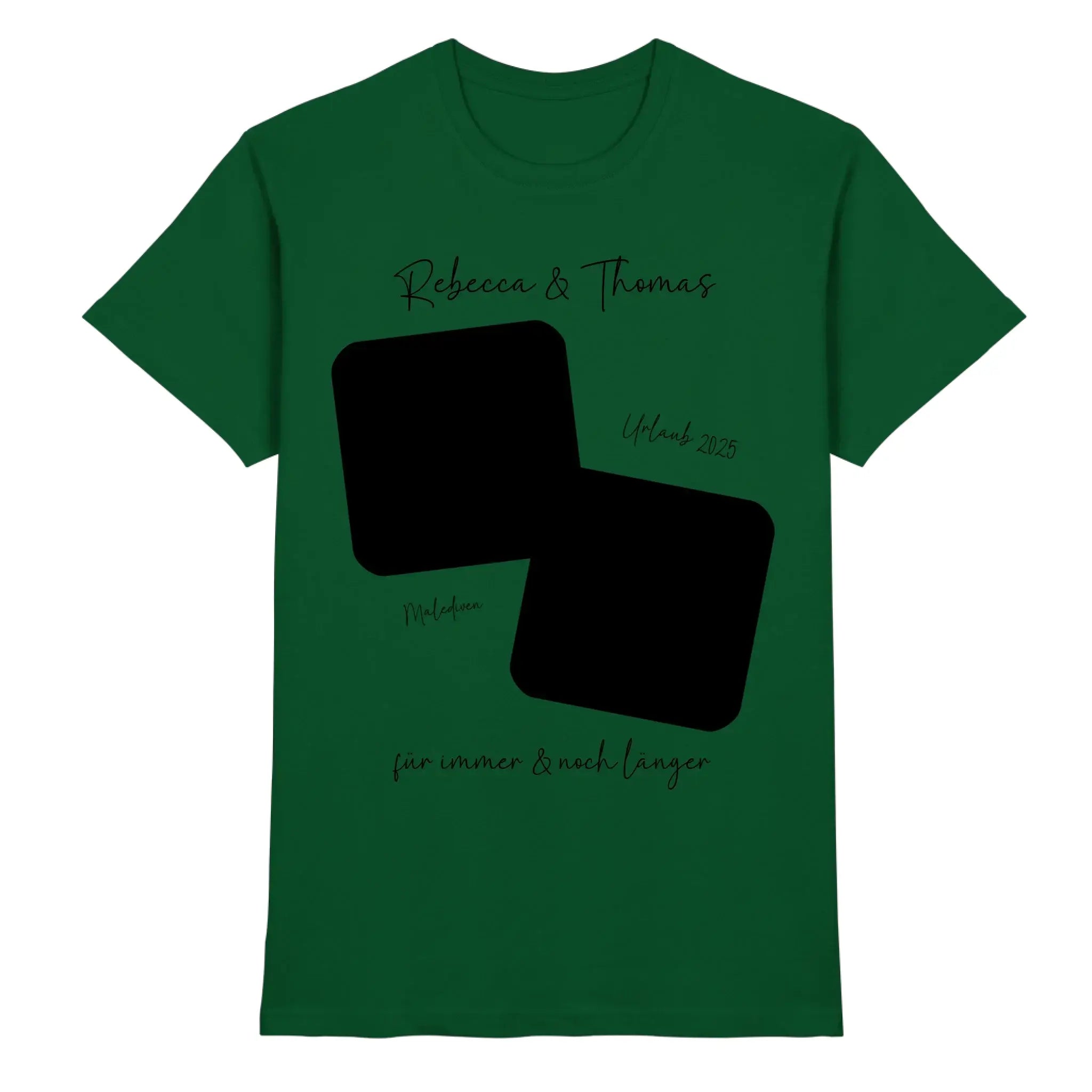 Dunkelgrünes baumwollshirt mit schwarzem grafikdesign aus zwei überschneidenden quadraten und kursivem schriftzug personalisierbar