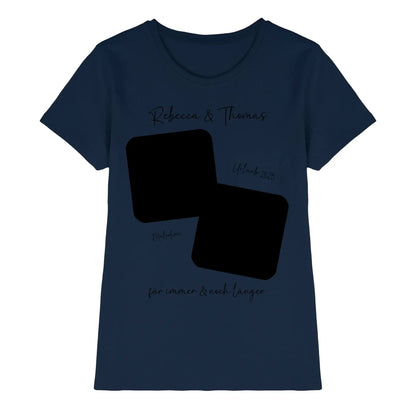 Marine blaue baumwoll t shirt mit schwarzem grafikdesign aus zwei überlappenden quadraten und individualisierbarem text