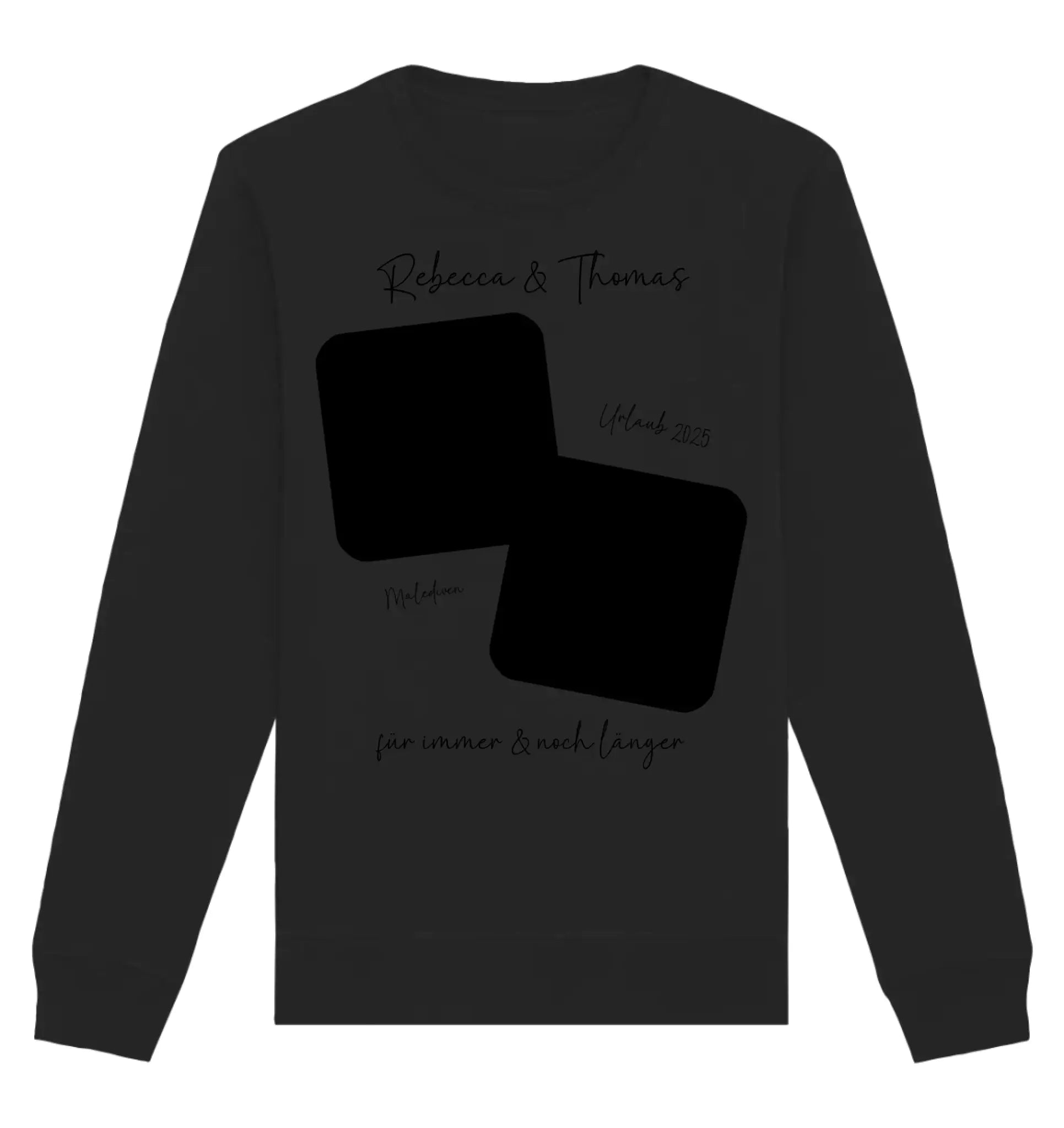 Schwarzes langarmshirt mit minimalistischem rückendesign aus zwei überlappenden quadraten und kursivem wunschtext