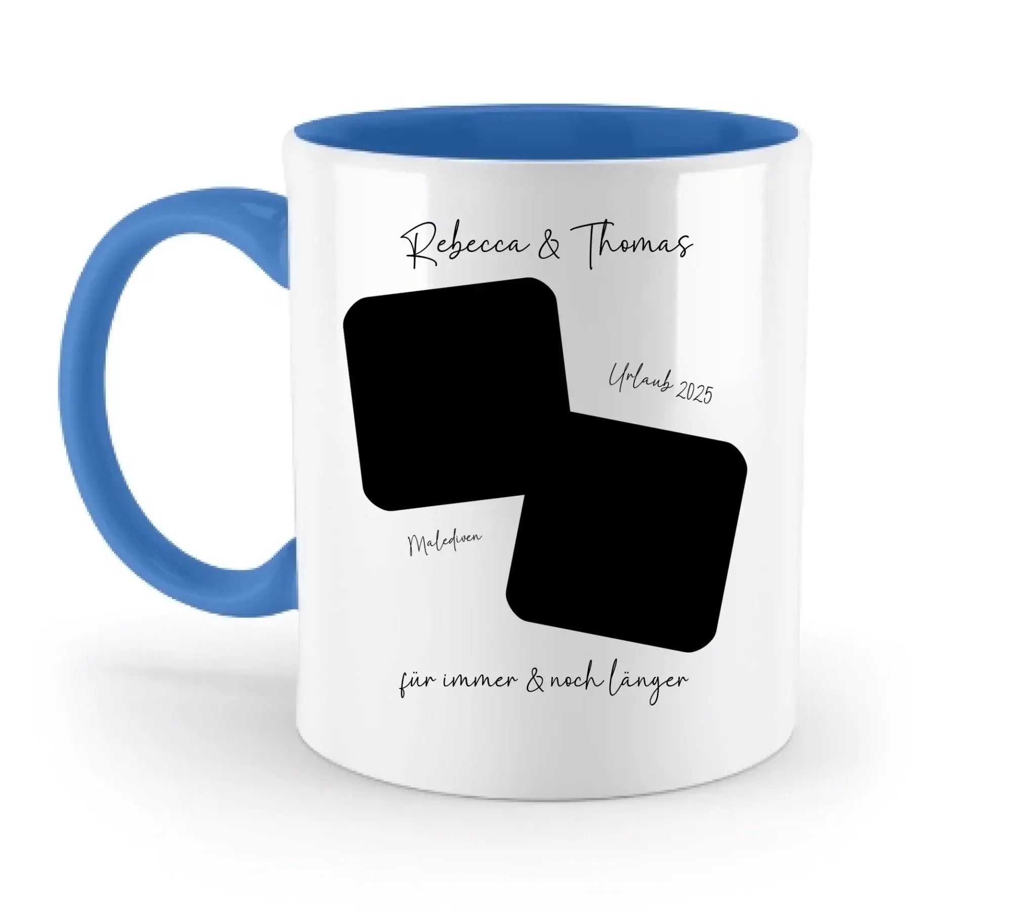 Weiße keramiktasse mit blauem innenraum und griff, personalisierbar mit zwei schwarzen fotoflächen aus statement-collection