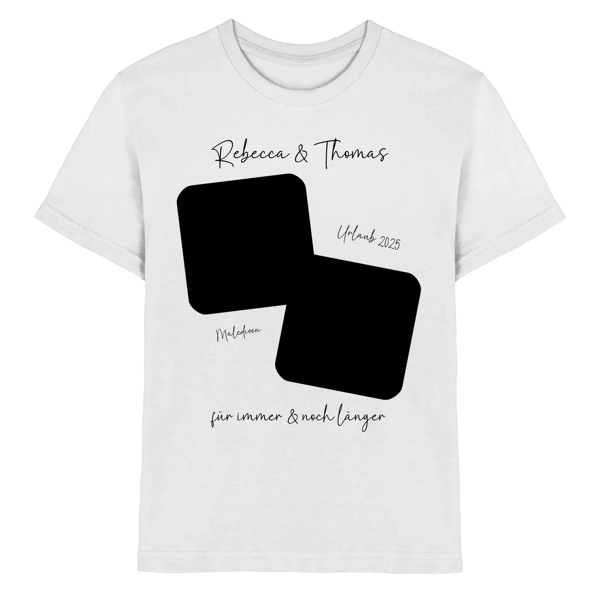 Weiße baumwoll-t-shirt mit schwarzem geometrischem design und personalisiertem text in eleganter kursivschrift