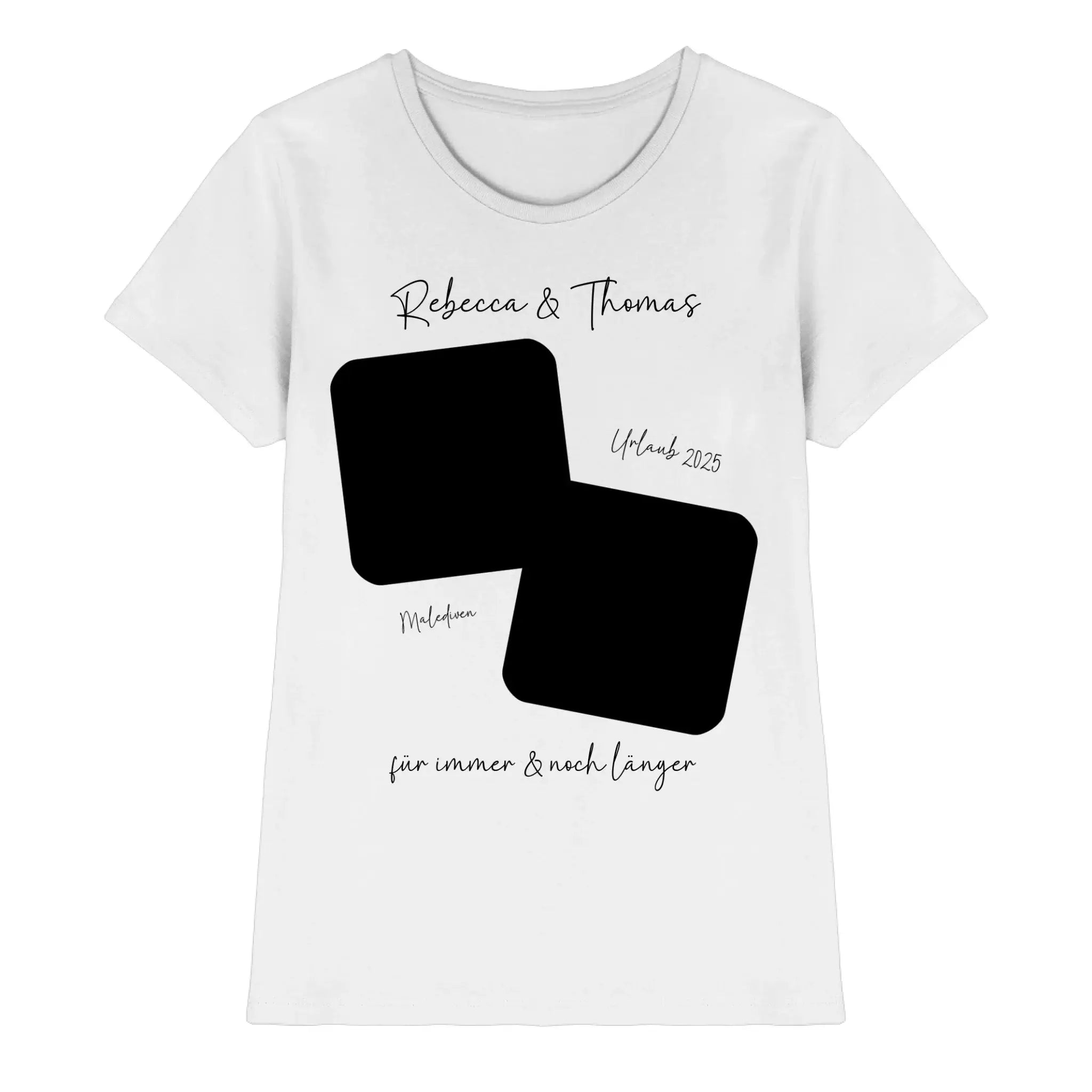 Weißes baumwollshirt mit schwarzem grafikdesign zwei überlappende rechtecke und persönlicher text urlaub 2025