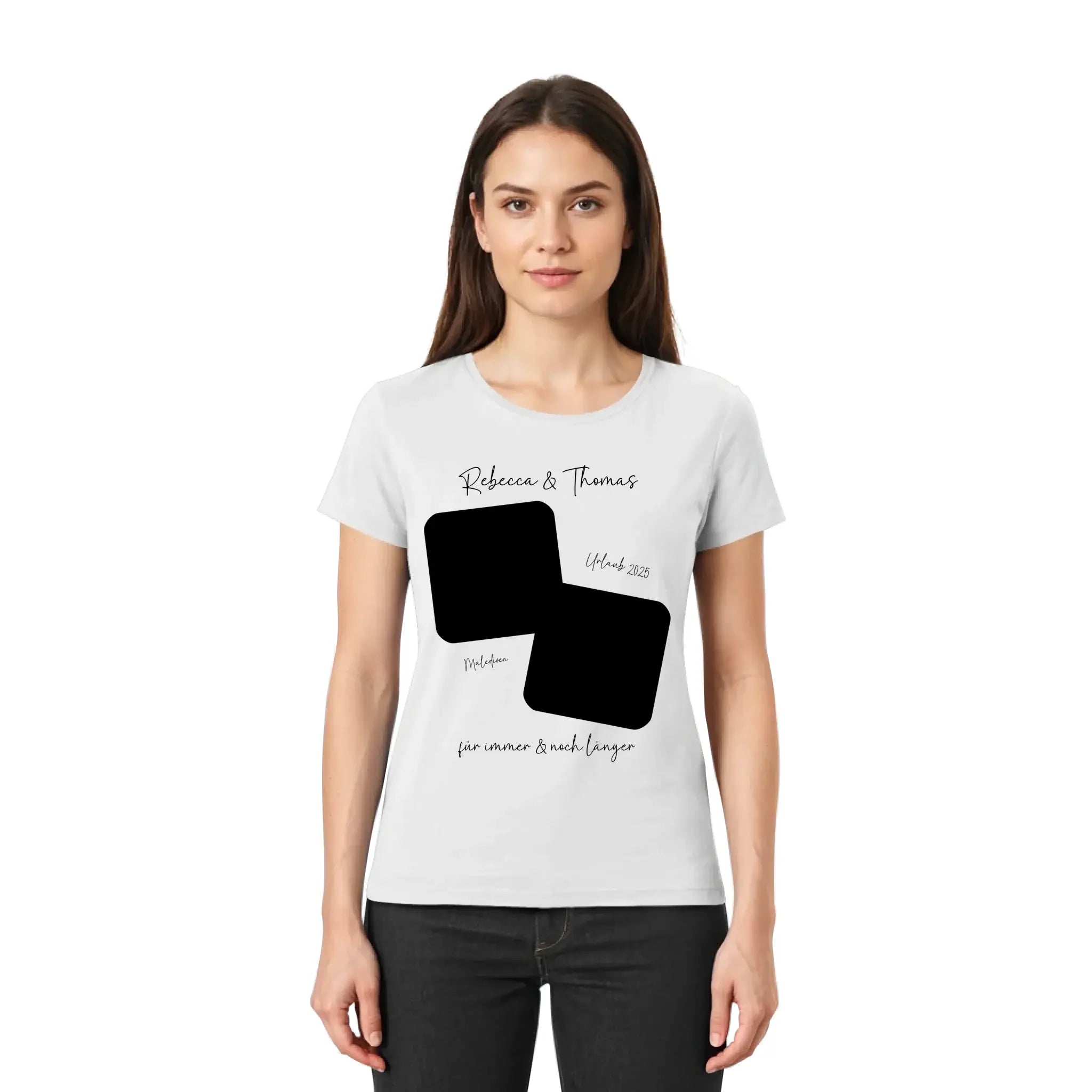 Weiße baumwoll-t-shirt mit schwarzem grafikelement aus zwei überlappenden quadraten und wunschtext personalisierbar
