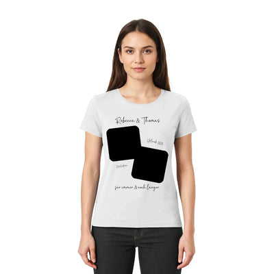 Weiße baumwoll-t-shirt mit schwarzem grafikelement aus zwei überlappenden quadraten und wunschtext personalisierbar
