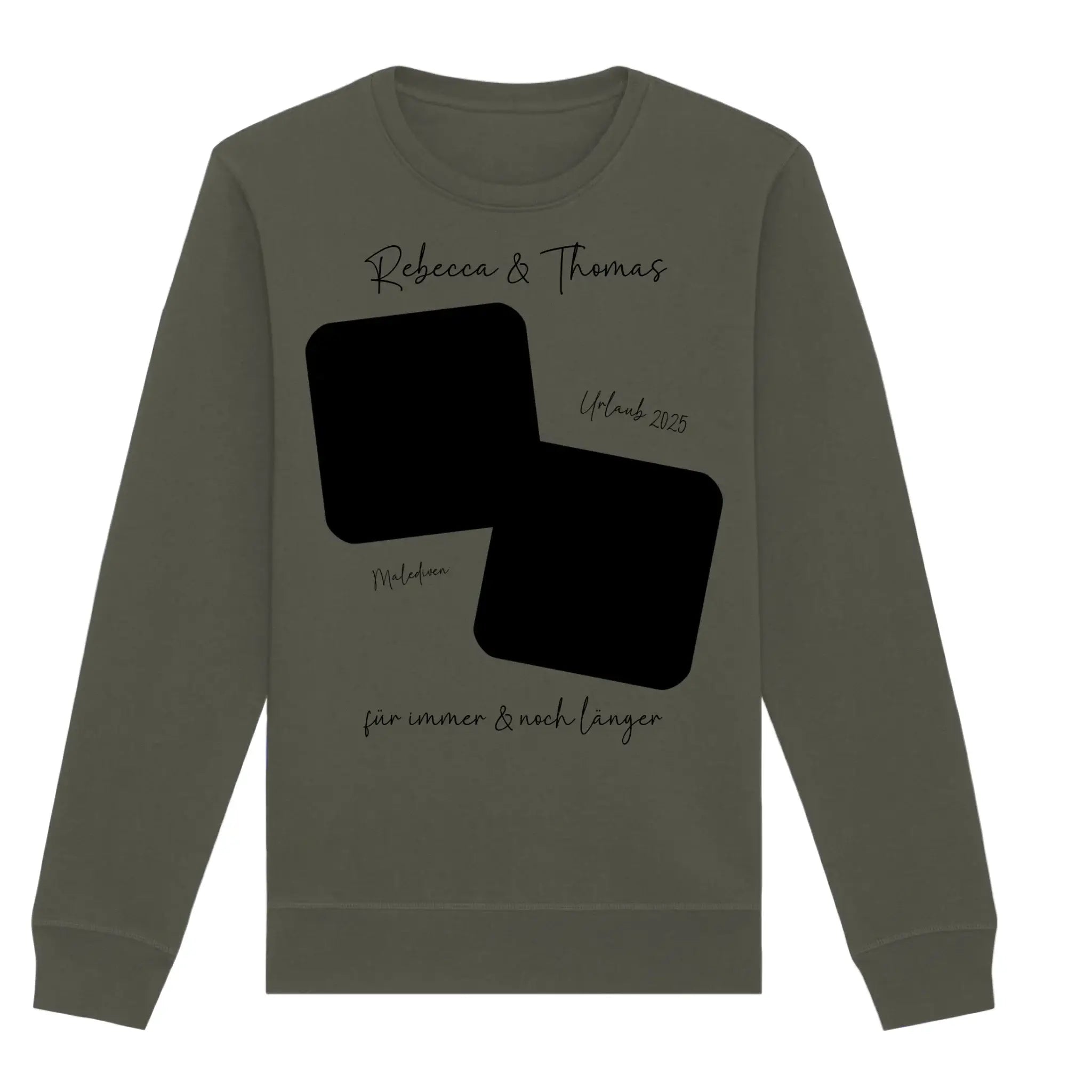 Olivegrüner langarm sweatshirt mit schwarzem grafikdesign aus zwei überlappenden quadraten und personalisierbarem wunschtext