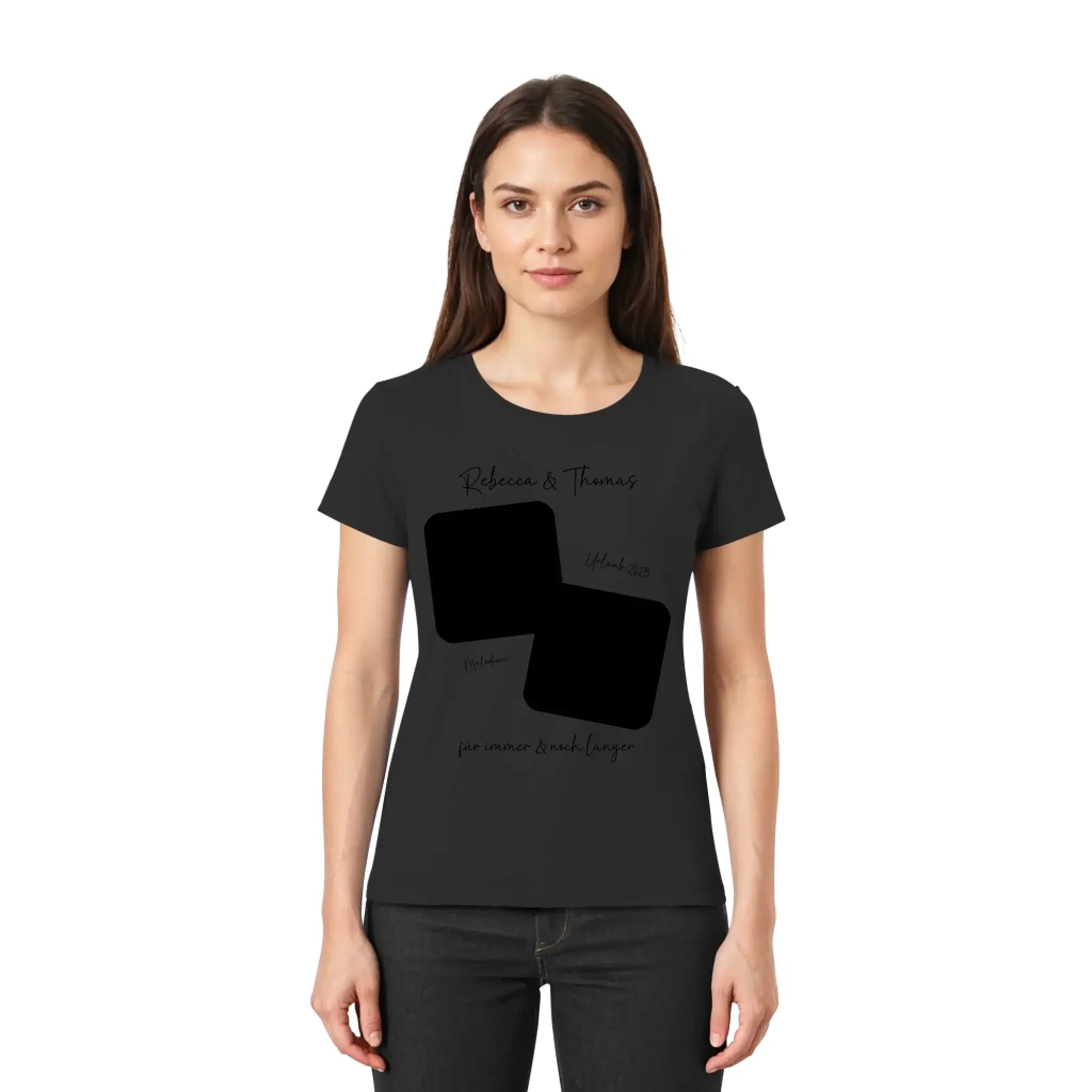 Schwarzes kurzarmshirt mit zwei überlappenden quadraten und personalisiertem wunschtext aus der statement-collection