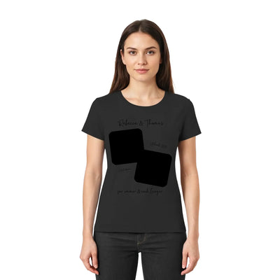 Schwarzes kurzarmshirt mit zwei überlappenden quadraten und personalisiertem wunschtext aus der statement-collection