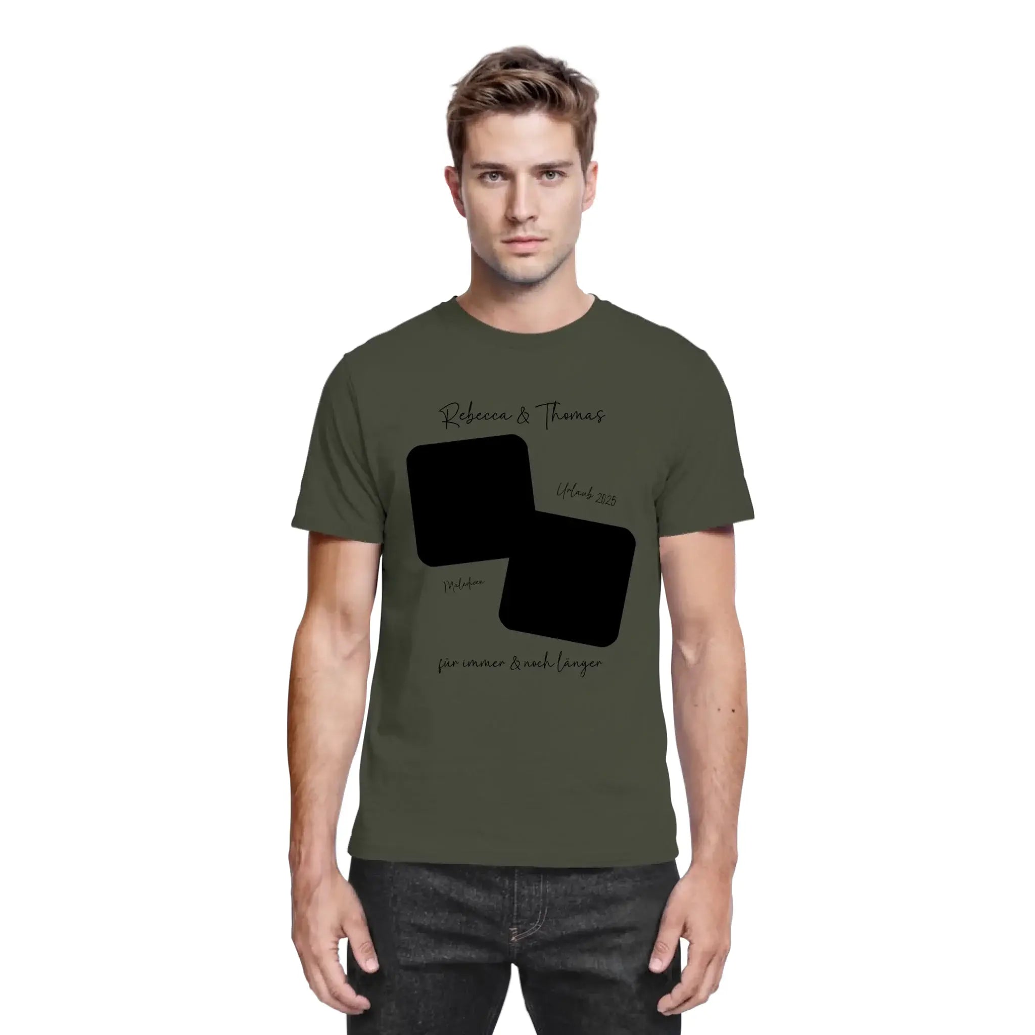 Olivgrünes baumwollshirt mit schwarzem grafikdesign aus zwei überlappenden quadraten und wunschtext aus der statement-collection