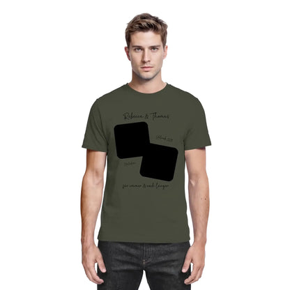 Olivgrünes baumwollshirt mit schwarzem grafikdesign aus zwei überlappenden quadraten und wunschtext aus der statement-collection