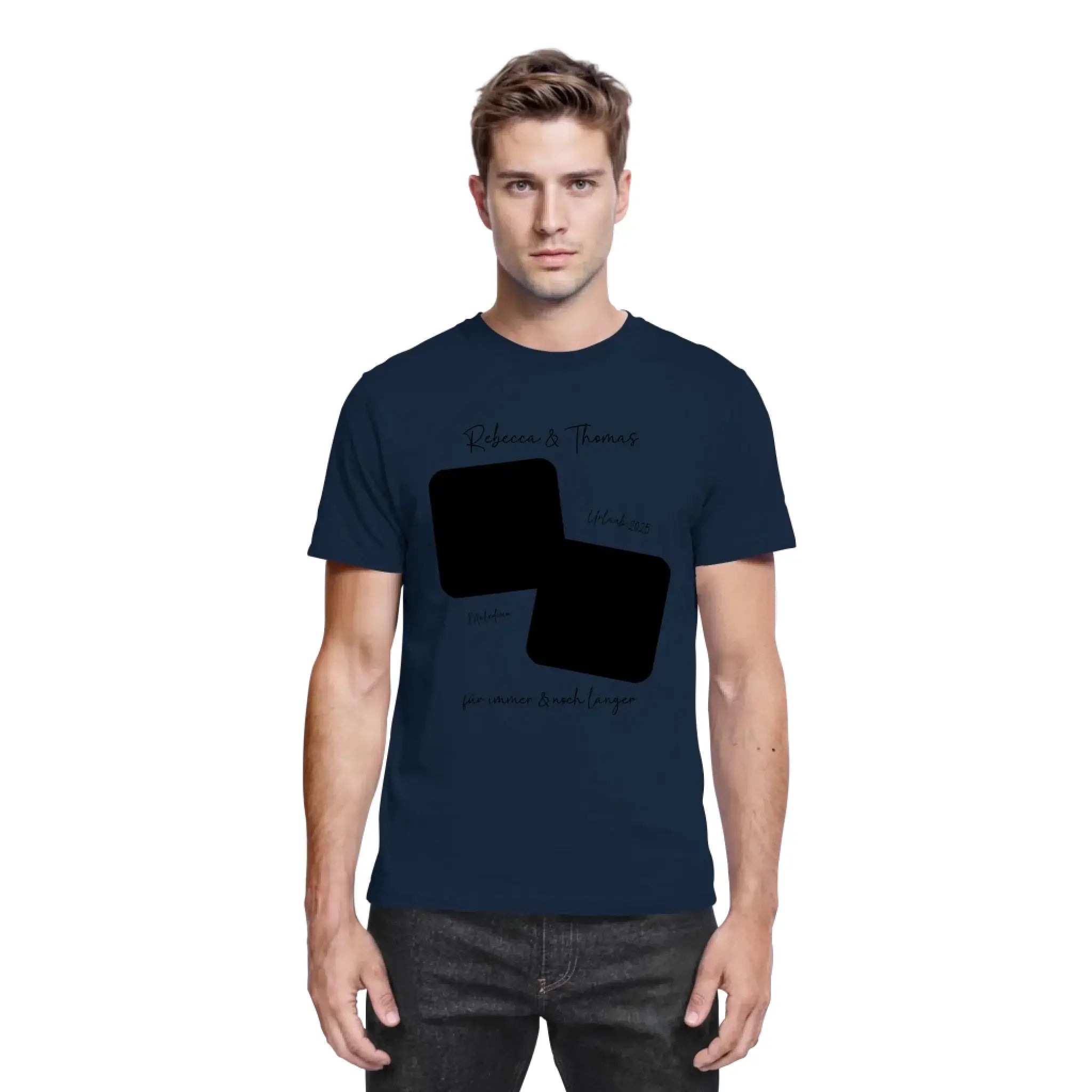 Marine blaue baumwoll t shirt mit schwarzem grafikdesign aus zwei überlappenden quadraten und personalisierbarem text