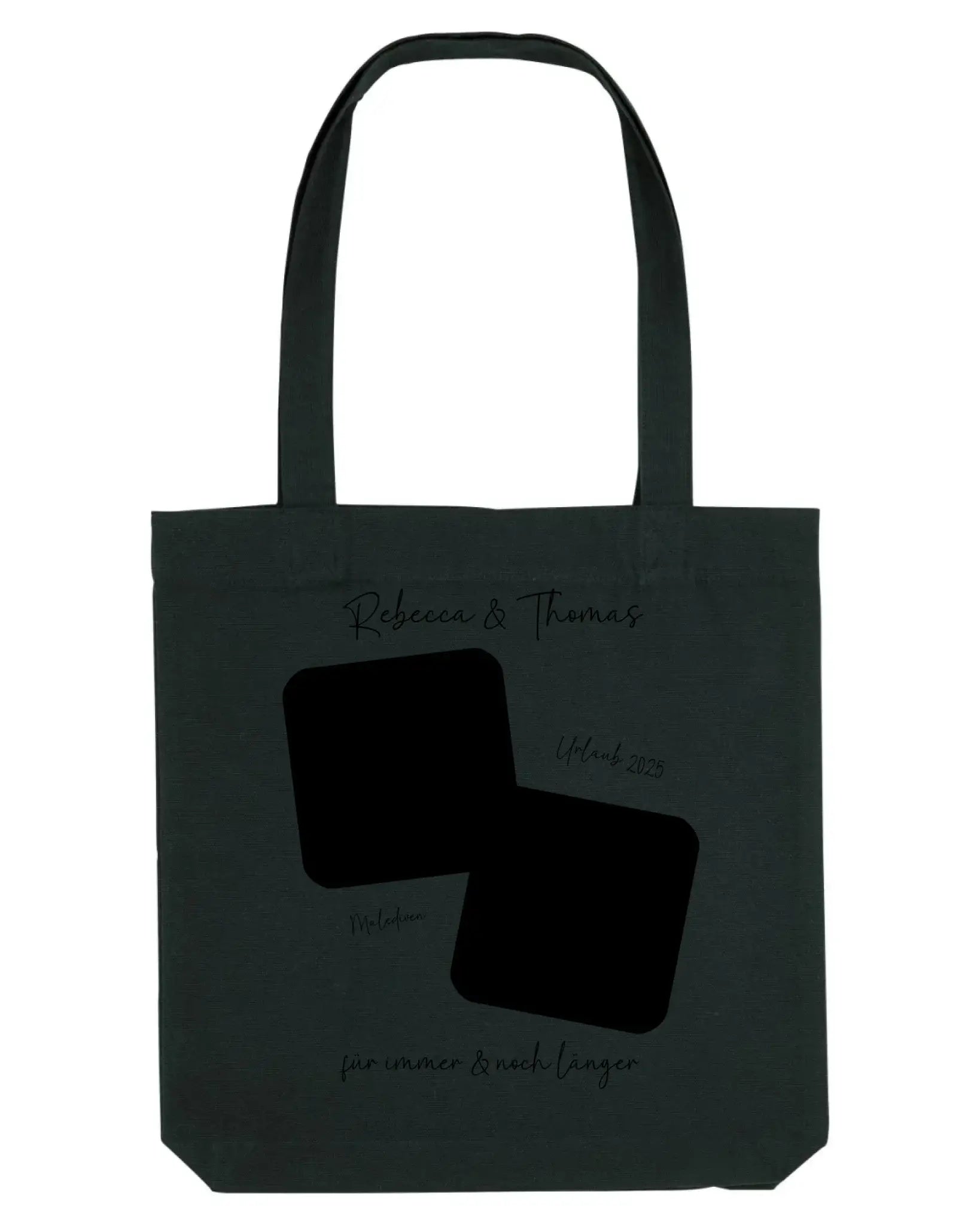 Dunkelgrüne canvas tote bag mit schwarzen henkel und minimalistischen quadrat-ausschnitten personalisierbar mit wunschtext