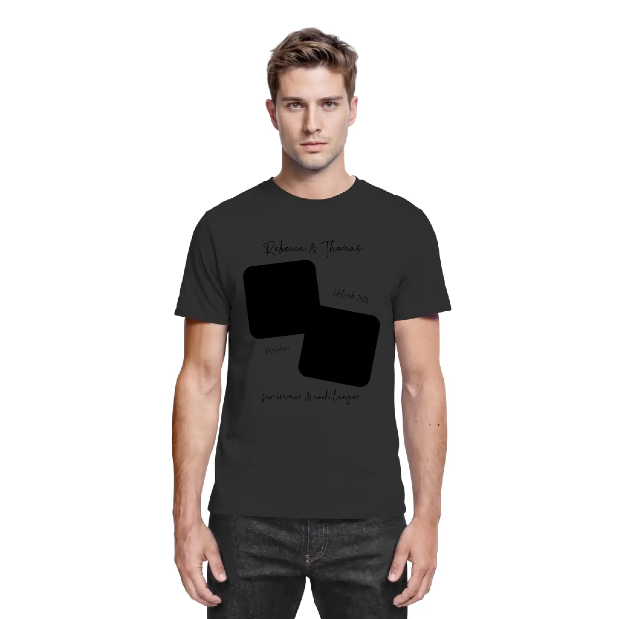 Black baumwoll t shirt mit minimalistischen zwei überlappenden schwarzen quadraten und kursivem text personalisierbar