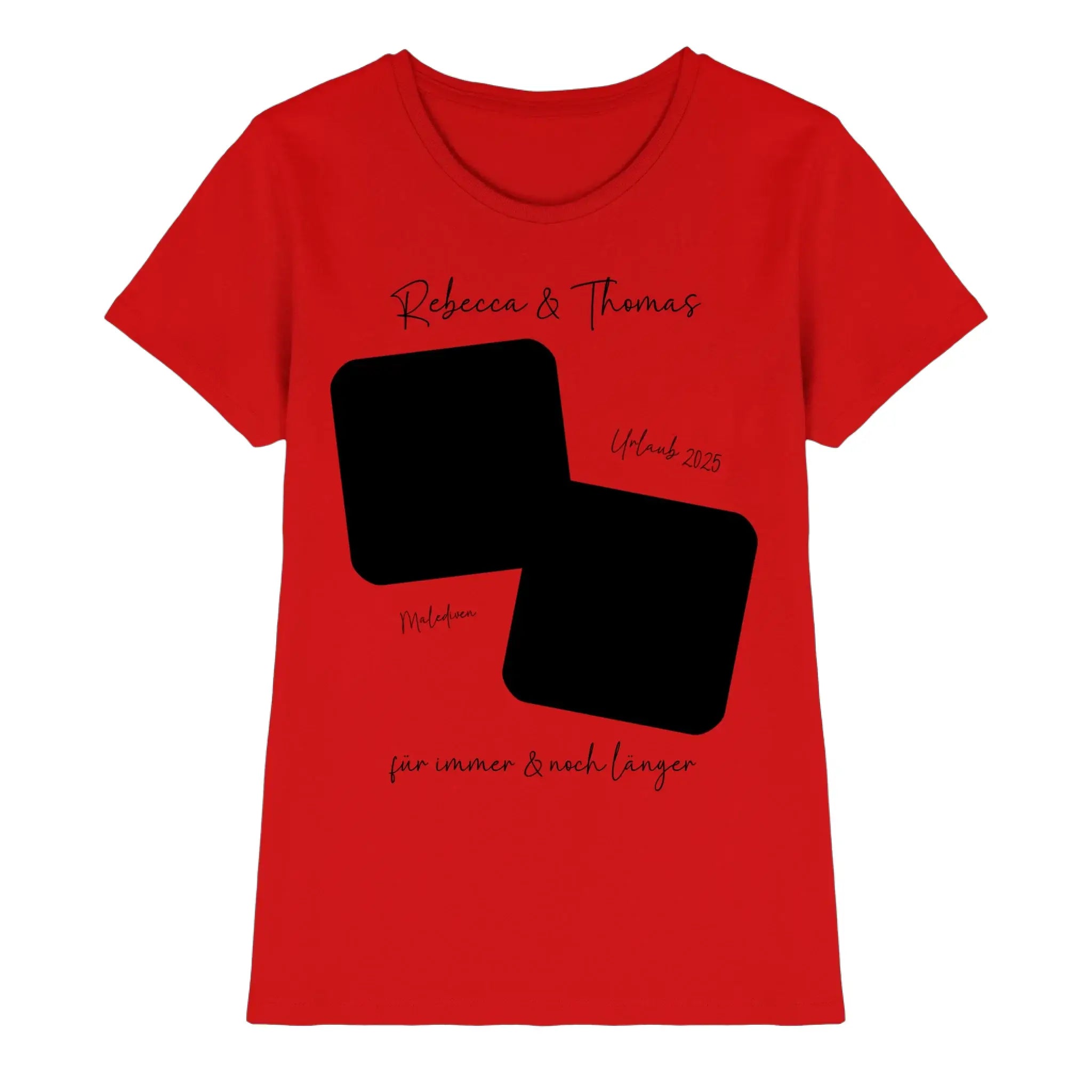 Rotes damen t shirt mit kurzen ärmeln und schwarzem design aus zwei überlappenden quadraten und kursivem text