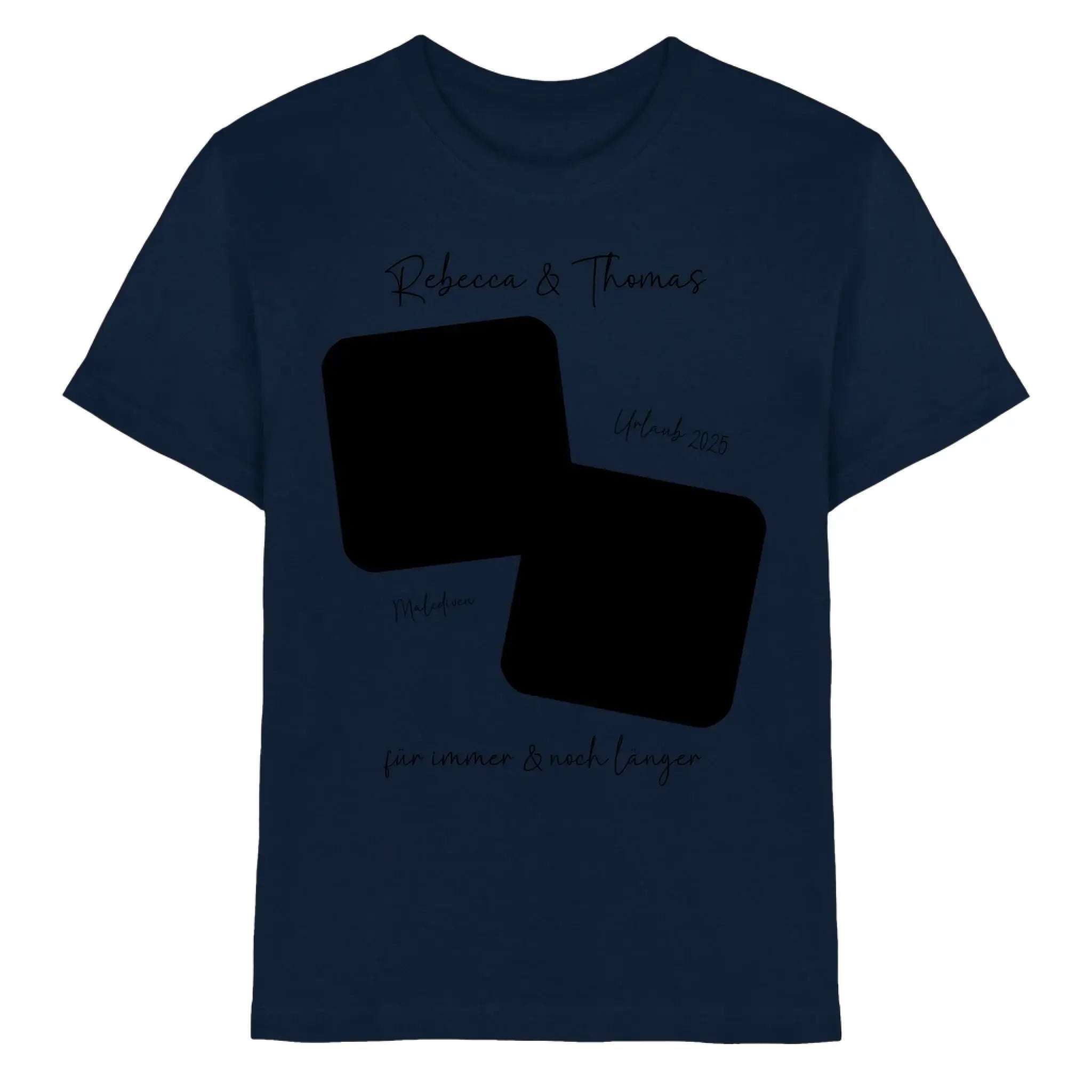 Marine blaue baumwoll t shirt mit schwarzem grafik motiv aus zwei überlappenden quadraten und handschriftlichem text