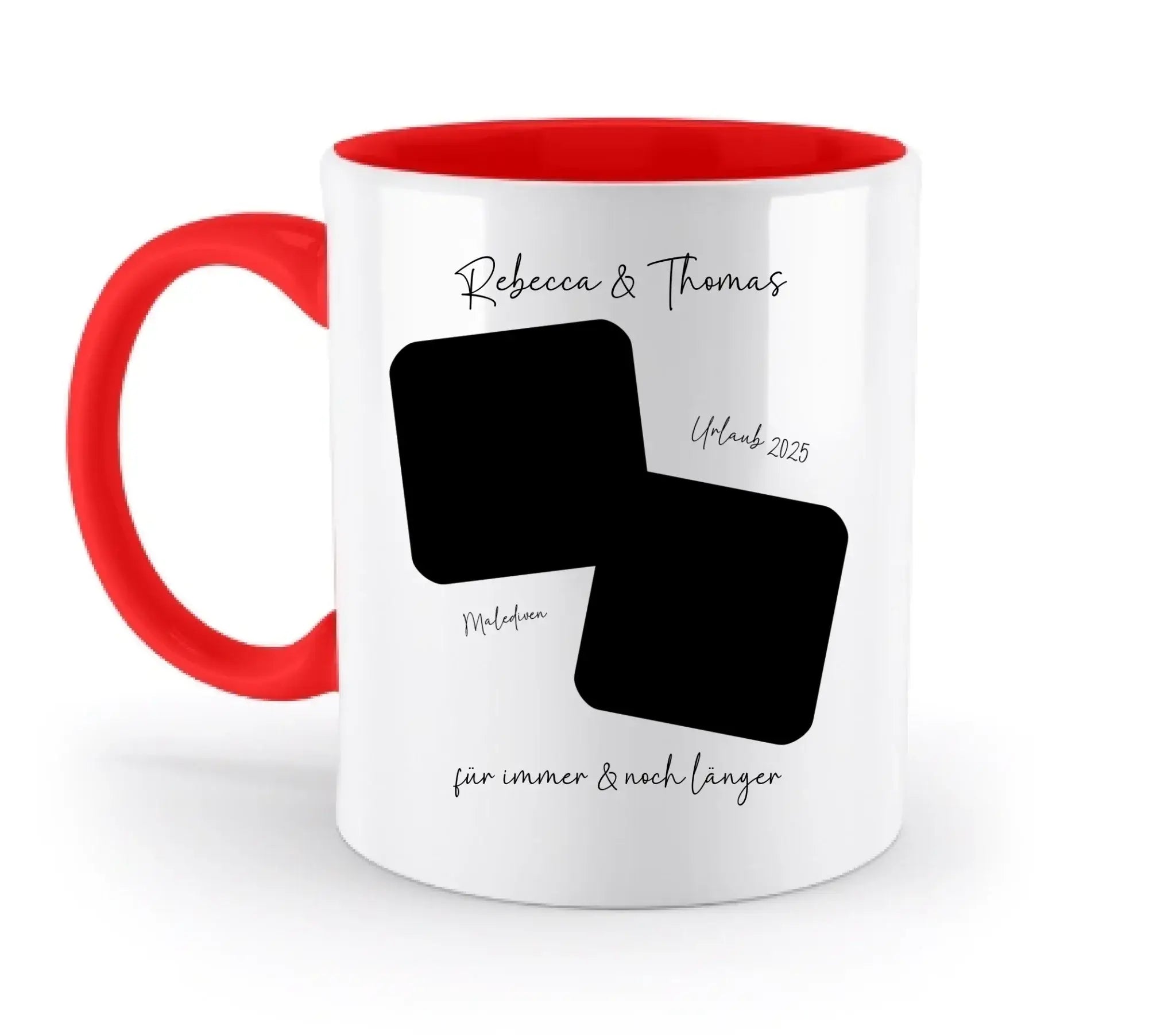 Weiße keramiktasse mit rotem griff und innenfläche mit zwei schwarzen fotofeldern zum personalisieren aus statement collection