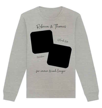 Light gray long-sleeved Sweatshirt with black overlapping rectangles and customizable cursive text aus der statement collection