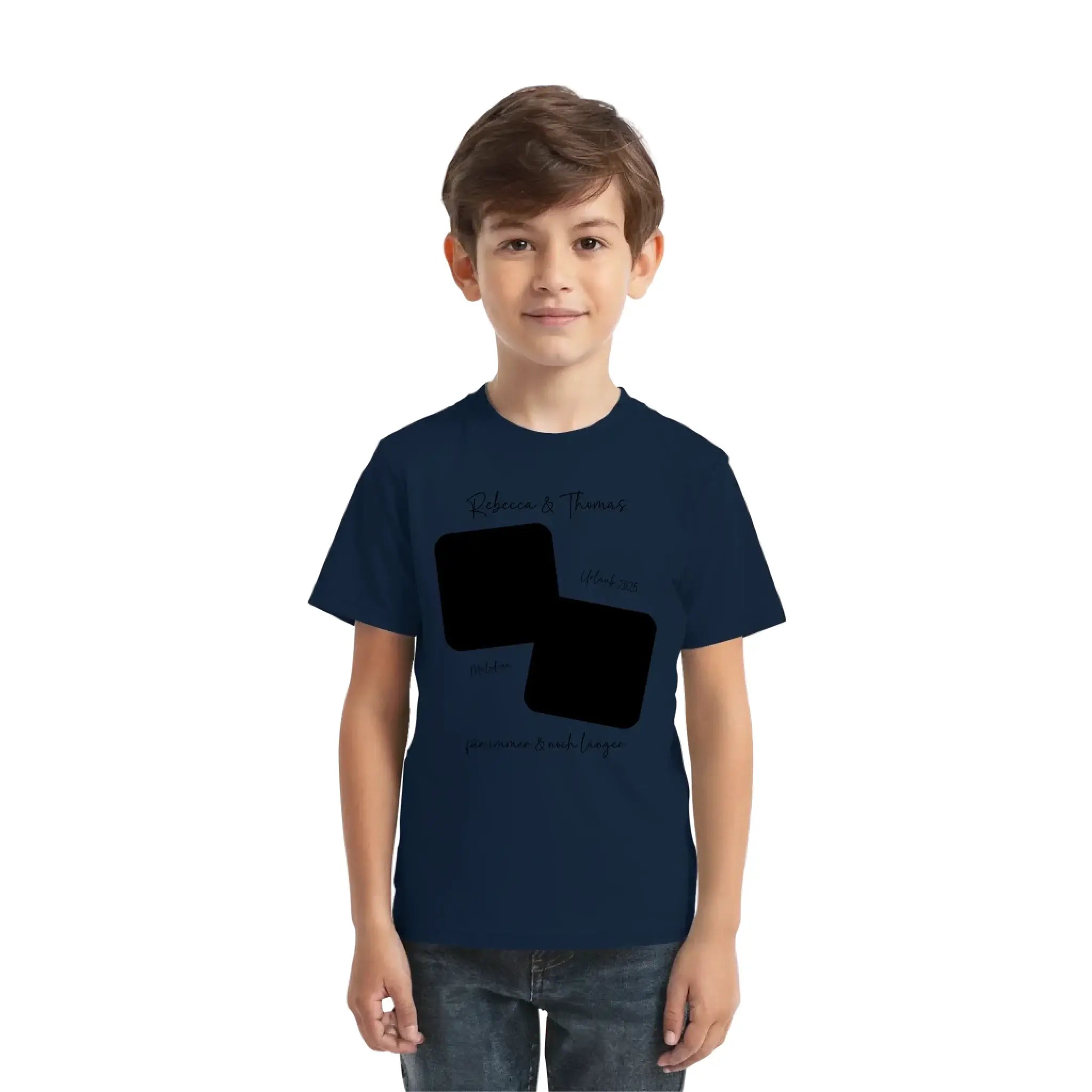 Navyblaues kurzarmshirt mit schwarzem grafikdesign aus zwei überlappenden quadraten und personalisierbarem text