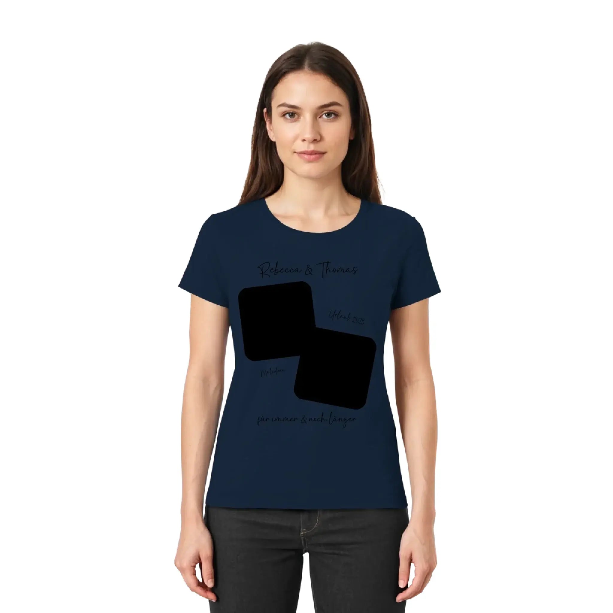 Marine blaues kurzarm t shirt mit schwarzem grafikelement aus zwei überlappenden quadraten und personalisierbarem wunschtext