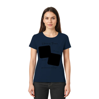 Marine blaues kurzarm t shirt mit schwarzem grafikelement aus zwei überlappenden quadraten und personalisierbarem wunschtext