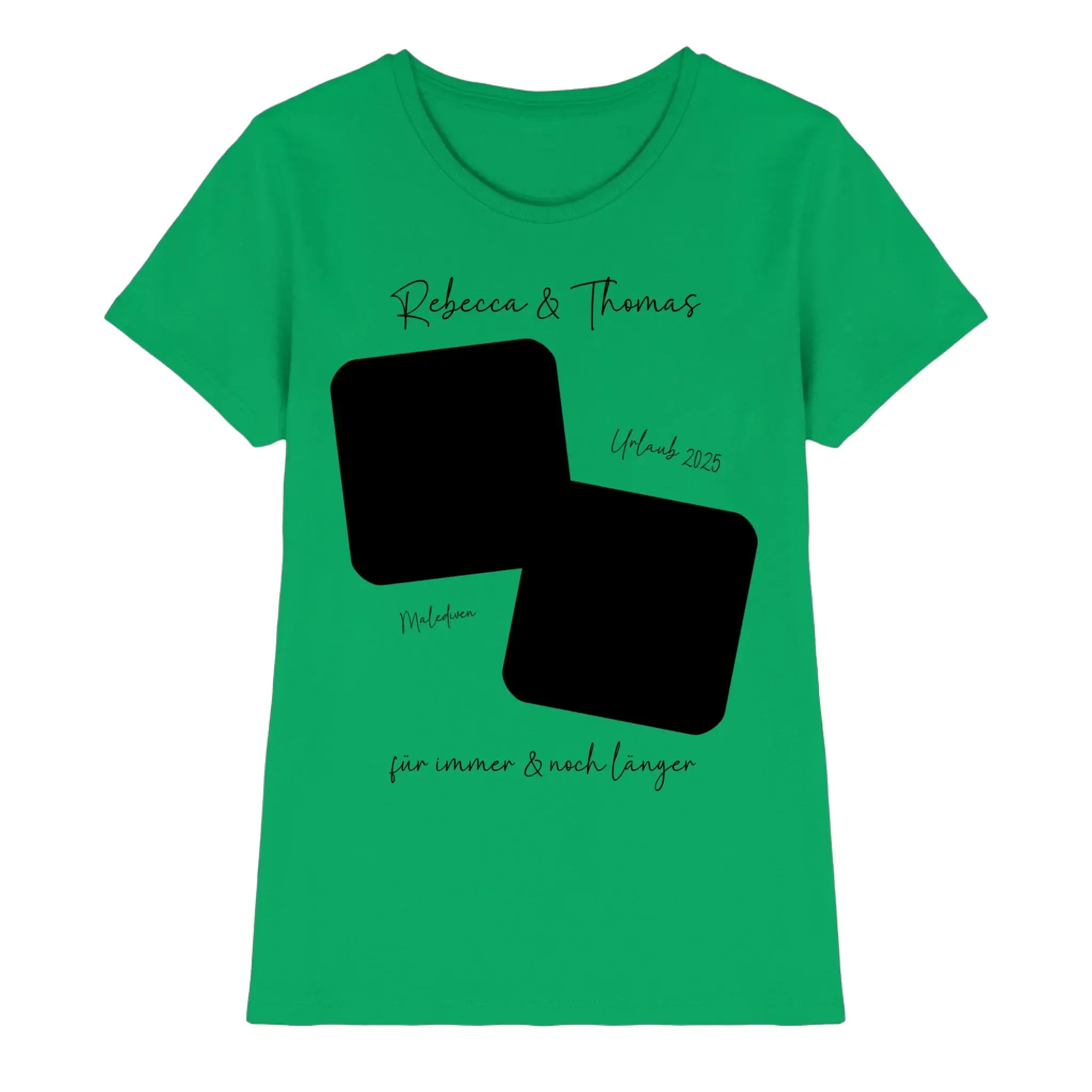 Leuchtendes grünes damen kurzarmshirt mit schwarzem grafikdesign zweier verschränkter blöcke und personalisierbarem wunschtext