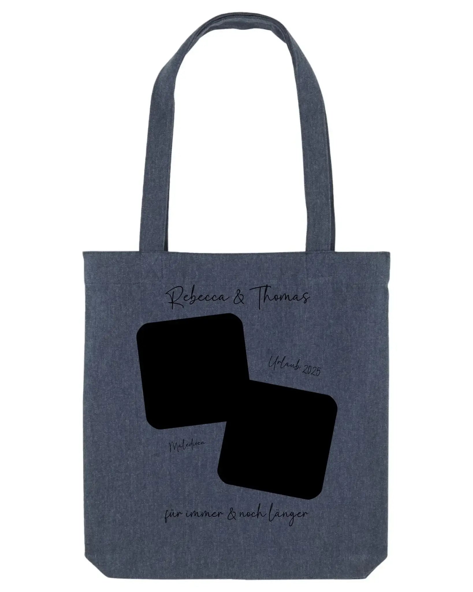 Dunkelgraue canvas-tasche mit zwei schwarzen rechtecken und elegantem cursivtext aus der statement-collection
