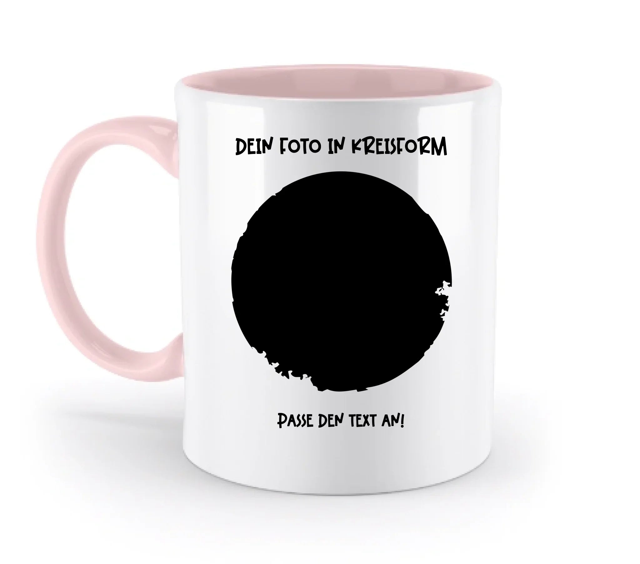 Dein Foto in Kreisform mit Wunschtext (personalisierbare Fotomotive) - Zweifarbige Tasse / Powder-Pink / 330ml