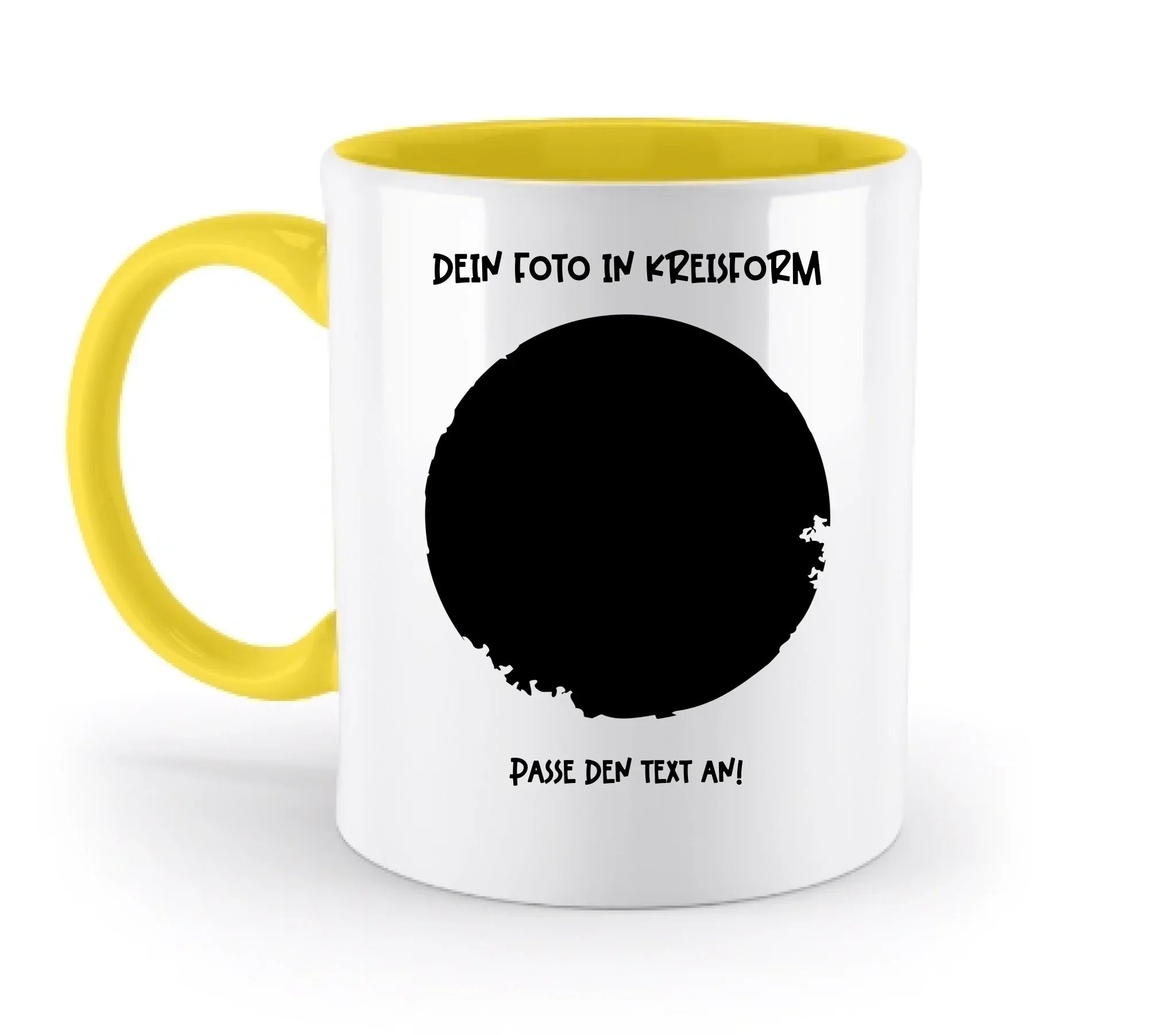 Dein Foto in Kreisform mit Wunschtext (personalisierbare Fotomotive) - Zweifarbige Tasse / Yellow / 330ml