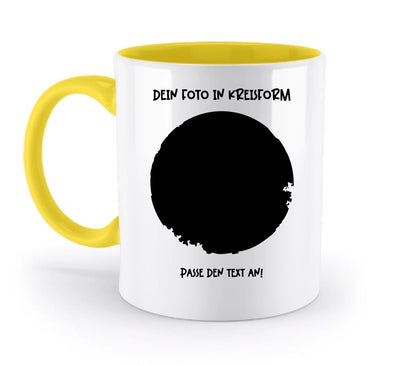 Dein Foto in Kreisform mit Wunschtext (personalisierbare Fotomotive) - Zweifarbige Tasse / Yellow / 330ml