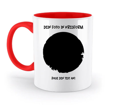 Dein Foto in Kreisform mit Wunschtext (personalisierbare Fotomotive) - Zweifarbige Tasse / Rubin-Red / 330ml