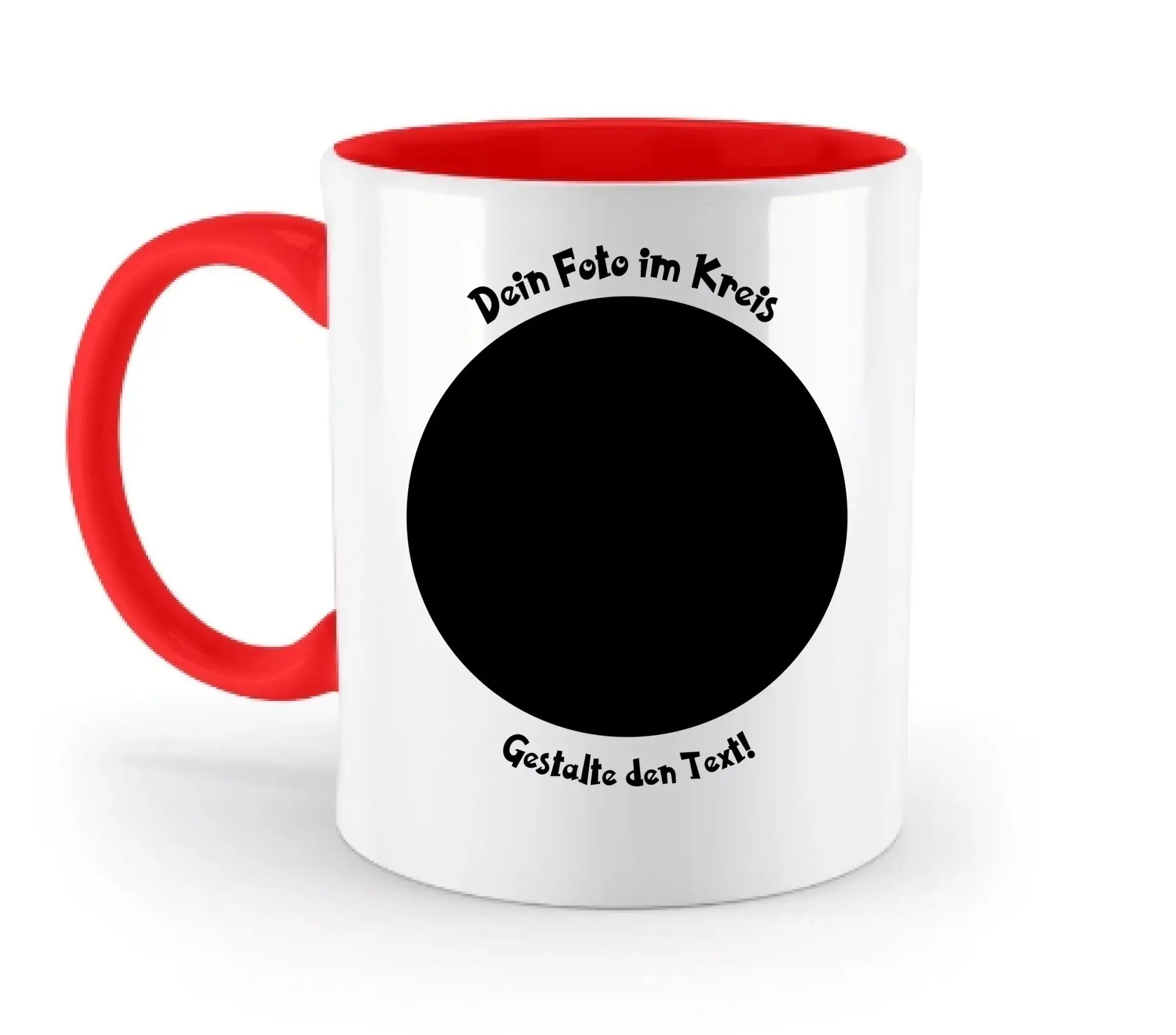 Dein Foto in Kreisform mit Wunschtext (personalisierbare Fotomotive) - Zweifarbige Tasse / Rubin-Red / 330ml
