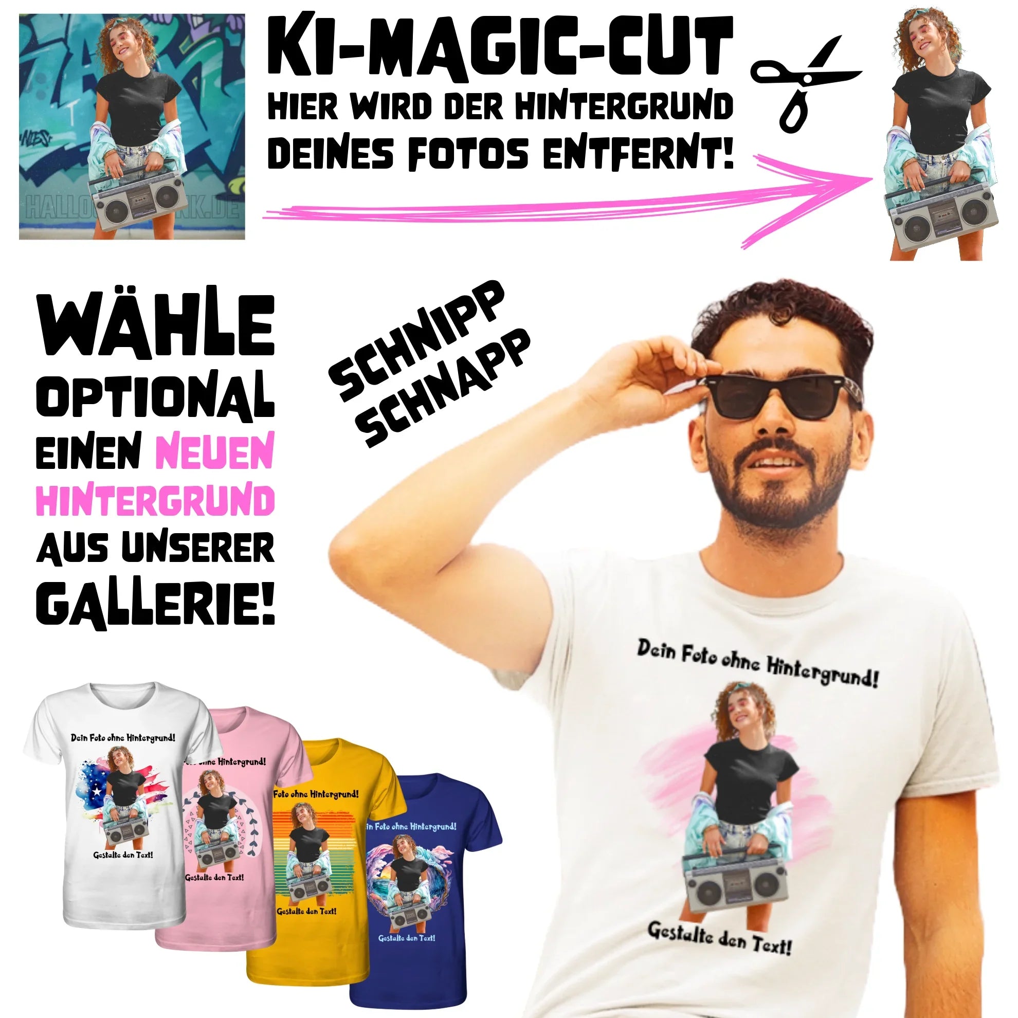 Dein Foto mit automatischem Hintergrundentferner und optionalem Hintergrund • KI-MAGIC-CUT (personalisierbare