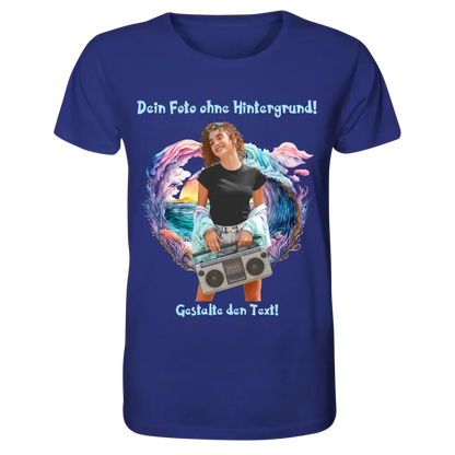 Dein FOTO mit Hintergrundentferner + Text + Hintergrund optional • Unisex Premium T-Shirt XS-5XL aus Bio-Baumwolle für Damen & Herren • Exklusivdesign • personalisiert • KI-MAGIC-CUT