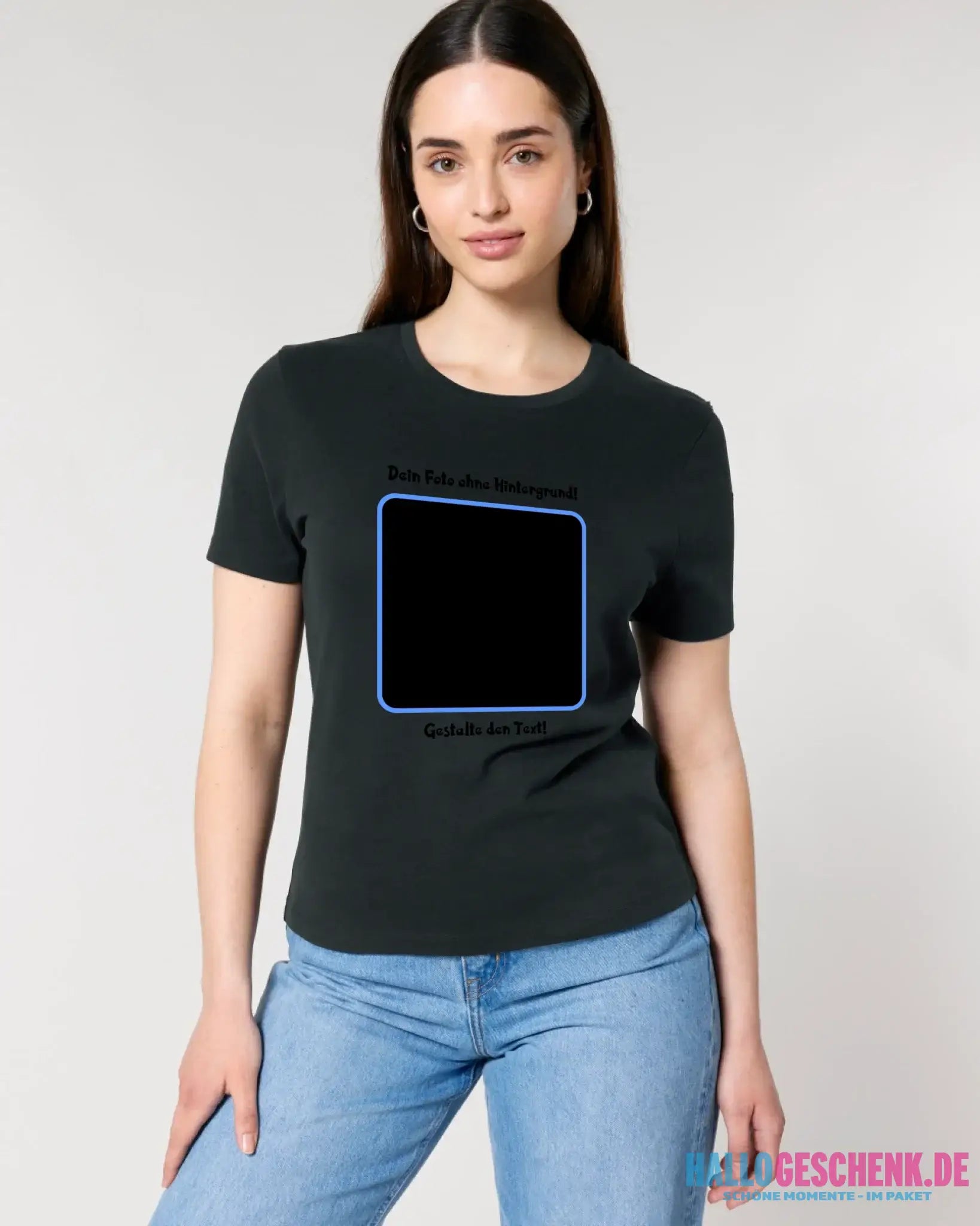 Dein FOTO mit Hintergrundentferner + Text + Hintergrund (optional) • Damen T-Shirt • Bio-Baumwolle • Premium-Qualität