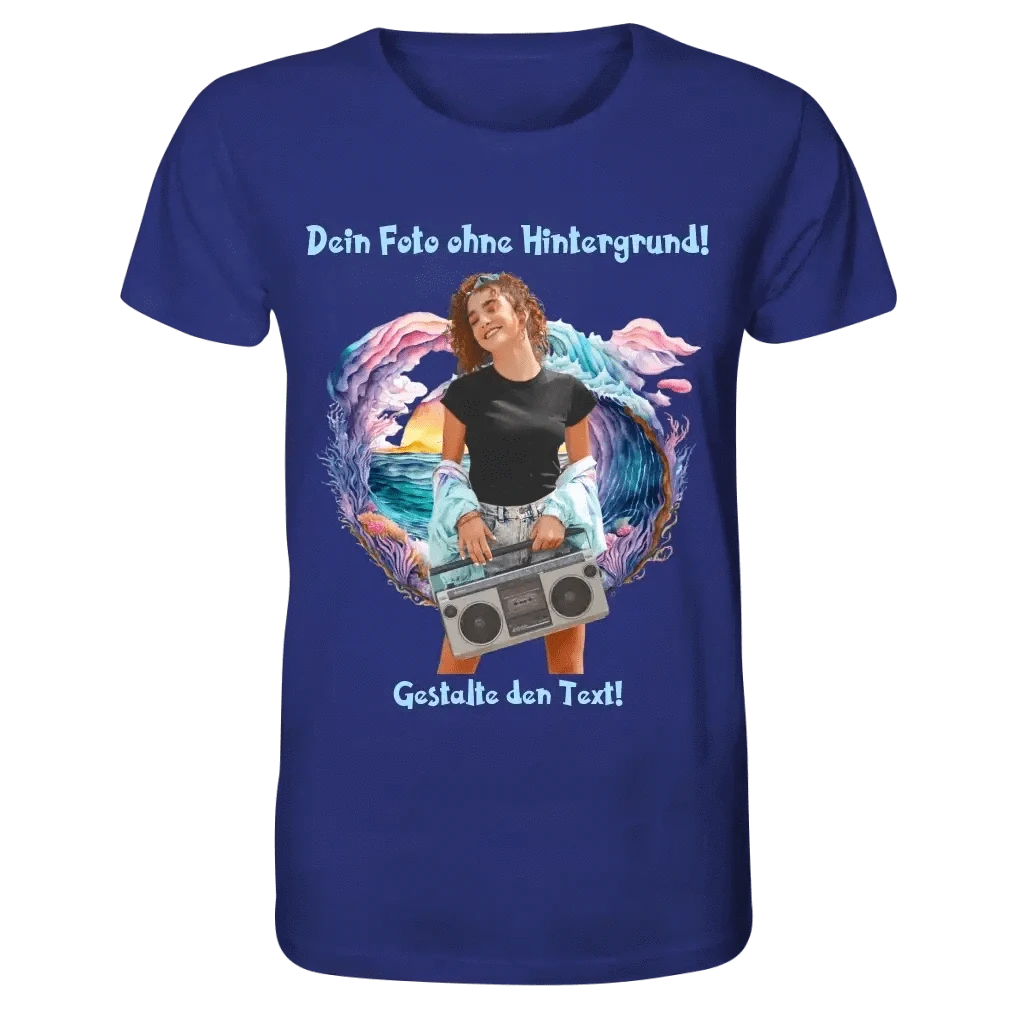 Dein FOTO mit Hintergrundentferner + Text + Hintergrund optional • Unisex Premium T-Shirt XS-5XL aus Bio-Baumwolle für Damen & Herren • Exklusivdesign • personalisiert • KI-MAGIC-CUT