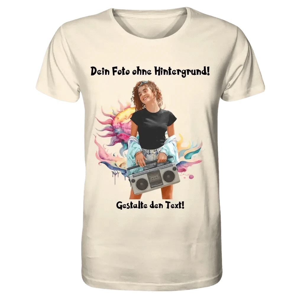 Dein FOTO mit Hintergrundentferner + Text + Hintergrund optional • Unisex Premium T-Shirt XS-5XL aus Bio-Baumwolle für Damen & Herren • Exklusivdesign • personalisiert • KI-MAGIC-CUT