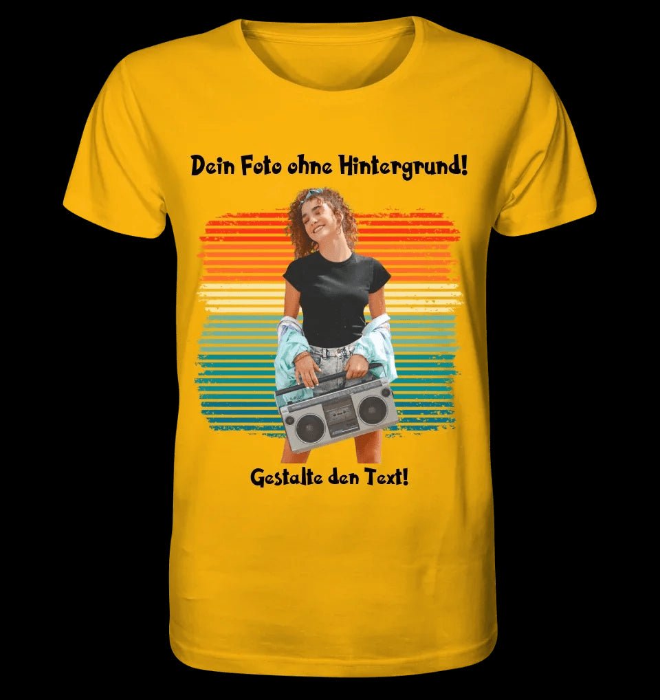 Dein FOTO mit Hintergrundentferner + Text + Hintergrund optional • Unisex Premium T-Shirt XS-5XL aus Bio-Baumwolle für Damen & Herren • Exklusivdesign • personalisiert • KI-MAGIC-CUT