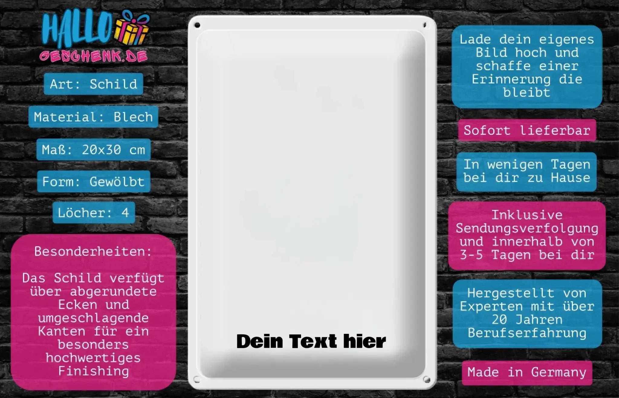 Weißes rechteckiges blechschild mit abgerundeten ecken und leicht gewölbter oberfläche 20x30 cm hochformat