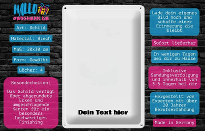 Weißes rechteckiges blechschild mit abgerundeten ecken und leicht gewölbter oberfläche 20x30 cm hochformat